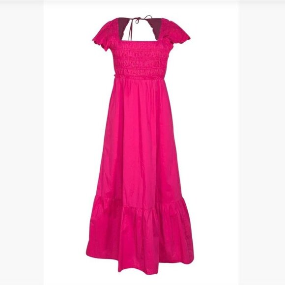 Jason Wu Fuchsia Smocked Midi Dress Eyelet Flutter Sleeves & Open Tie Back, XS - Picture 1 of 11